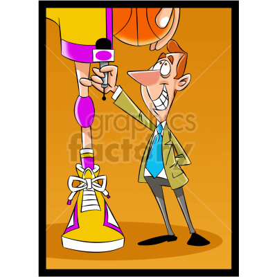 The clipart image shows a cartoon basketball reporter conducting an interview with a basketball player. The reporter is depicted as short, wearing a suit and holding a microphone, while the basketball player is very tall, shown wearing a uniform and holding a basketball.
