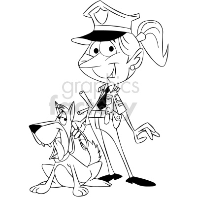 A black and white clipart image of a smiling female police officer holding a leash with a police dog. The officer is wearing a uniform including a hat and holding a baton.