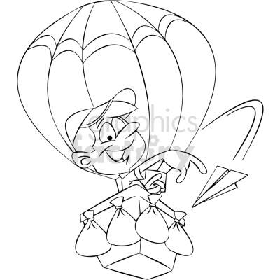 A cartoon character in a hot air balloon with sandbags, throwing a paper airplane.