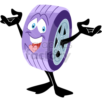 A cheerful and animated purple tire character with expressive eyes, a smiling face, and outstretched arms.
