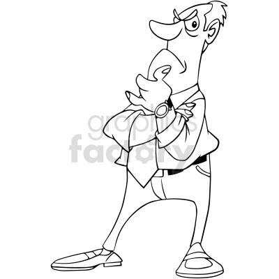 A black and white clipart image of a cartoon man in business attire, including a tie and watch, standing with an exaggerated thoughtful pose, implying he is deep in thought or considering something seriously.