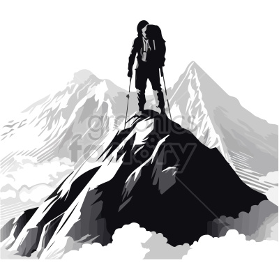 A monochrome clipart image of a mountain climber standing on top of a peak with snowy mountains in the background.