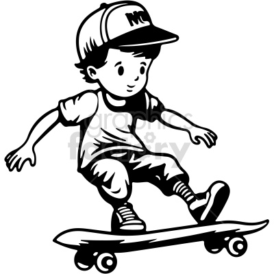 black and white boy riding skateboard cartoon vector clip art