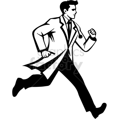 A black and white clipart image of a doctor running, depicted in a dynamic pose with a stethoscope around his neck.