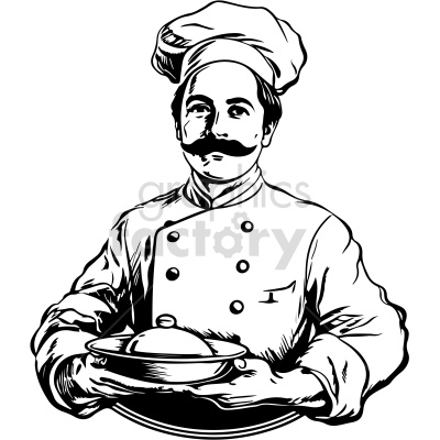 Clipart image of a chef wearing a traditional hat and holding a covered serving platter.