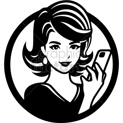 Black and white clipart image of a woman holding a smartphone, with shoulder-length hair and wearing earrings, inside a circular frame.