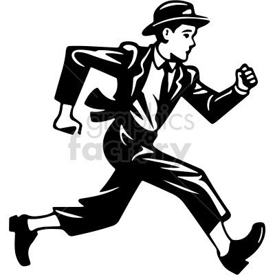 A black and white clipart of a man in a suit and hat, running. The design is stylized with bold lines, showcasing a vintage or retro style.