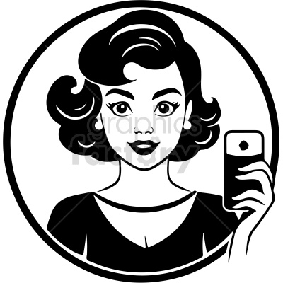 Black and white clipart image of a woman with wavy hair taking a selfie with her smartphone.