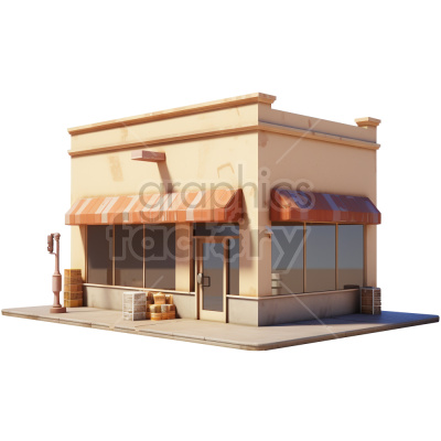 Clipart image of a small corner store with large windows and an awning. The building is beige with orange-striped awnings over the windows and door. Crates and barrels are placed outside the store, and there's a lamppost on the sidewalk.