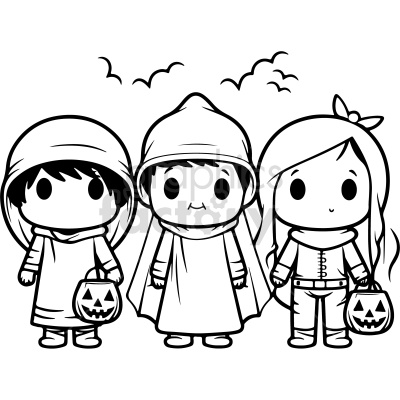 black and white kids trick or treating vector clip art