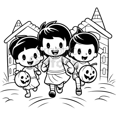black and white kids running and trick or treating vector clip art