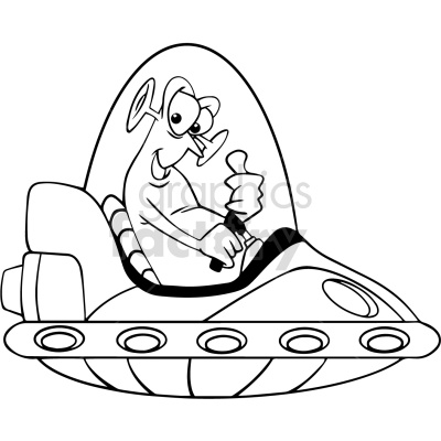 A cartoon-style illustration of an alien piloting a flying saucer, giving a thumbs up.