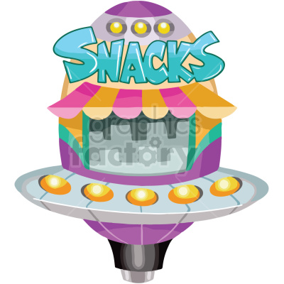 Clipart image of a colorful, futuristic UFO-themed snack booth with a sign reading 'SNACKS' in bold, cartoonish letters.