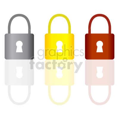 Clipart image of three padlocks in gray, yellow, and red colors with reflections beneath them.