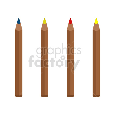 Clipart image of four wooden colored pencils in blue, yellow, red, and green arranged next to each other in a row.