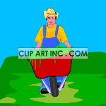 Animated farmer pushing a wheelbarrow.