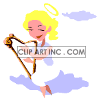 Animated blonde angel with halo on floating cloud playing the harp