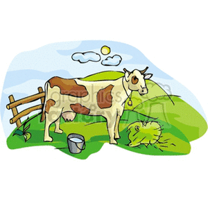The clipart image depicts a pastoral farm scene. It features a cow with brown spots standing on green grass, a bucket presumably for milk situated nearby, a two-railed wooden fence partially in view, rolling fields in the background, a few puffy clouds in the sky, and the sun shining above. The setting suggests a peaceful, rural farm environment, typically associated with agriculture and dairy farming.