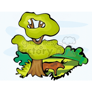 The image is a stylized cartoon clipart that features a large green tree with exaggerated features like a hole in its foliage. Under the tree, there is a patch of grass and a brown cow lying down and appearing to rest. The background is simplified, with no clear definition of sky or additional landscape elements, putting the focus on the cow and the tree. The imagery exudes a relaxed, pastoral vibe, typically associated with a farm or rural setting.