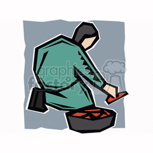 The clipart image depicts a stylized representation of a farmer sowing seeds. The farmer is shown in profile wearing a large hat and overalls, bent over as they pour seeds from their hand into the soil. The image is simple with bold lines and minimal colors.