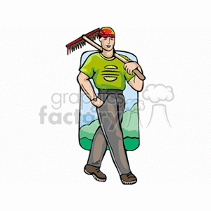 The clipart image depicts a cartoon of a farmer standing with a rake over his shoulder. He is wearing a green t-shirt, a baseball cap, and gray pants. The background suggests a rural landscape with greenery, which may indicate fields or gardens typically associated with farming or gardening activities.
