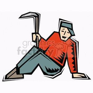 This clipart image depicts a stylized representation of a farmer resting or posing with a scythe. The farmer is wearing a hat, a red top, and blue pants, and appears to be sitting on the ground with one knee up, holding the scythe over his shoulder.