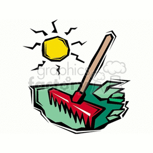 The image depicts a cartoon-style illustration of a red rake with a brown handle, stuck in what appears to be green turf or grass. In the background, there's a stylized yellow sun with radiating lines.