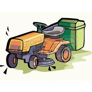  The image displays a cartoonish clipart of a riding lawn mower. The mower is colored yellow and orange, with a green grass collection container attached to the rear. It