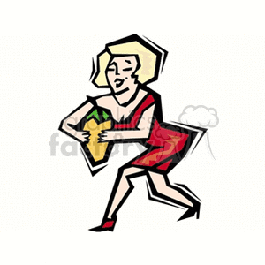 The image depicts a stylized cartoon clipart of a woman with blond hair wearing a red dress and a hat. She appears to be a gardener as she is holding a sack or basket that seems to contain fruits or vegetables, indicating she may be involved in gardening or agriculture.