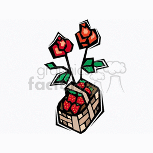 Fresh strawberries in basket with red roses