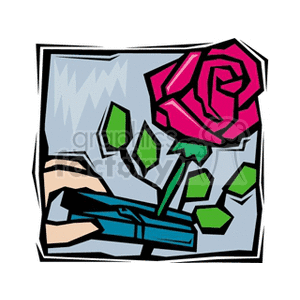 The image is a stylized clipart of a single pink rose with green leaves and a stem, possibly being held in someone's fingers, set against a simplified background. 