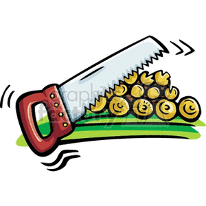 The clipart image shows a handsaw cutting through a stack of logs. The logs are depicted as cylindrical pieces of wood with details indicating the saw is actively sawing through them, as evidenced by the motion lines around the saw. The image conveys themes related to logging, firewood preparation, lumber, and manual woodcutting.
