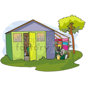   This clipart image features a colorful garden shed with its doors open, revealing various tools and equipment inside, such as rakes and shovels. It