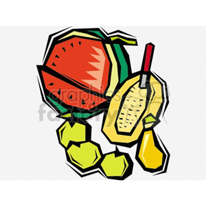 This clipart image features a collection of stylized fruits, including a slice of watermelon, a whole cantaloupe with a straw inside (suggesting it might be used as a drink), apples or pears (the exact type of fruit is stylized and could be either), and what seems to be a bunch of green grapes or similar small round fruits.