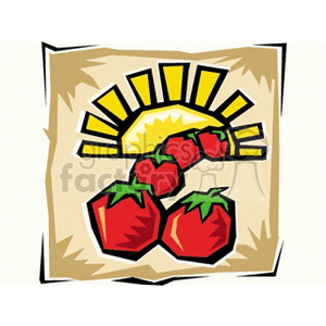 The clipart image depicts a stylized yellow sun with rays extending outward, set against a beige background suggestive of a sunny agricultural setting. In the foreground, there are three red tomatoes with green stems, portrayed in a simple, abstract fashion. The overall theme of the image is cheerful and evokes the concept of fresh produce under the summer sun.