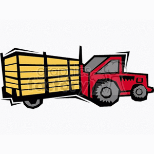 The image depicts a simplified, stylized illustration of a red tractor pulling a yellow trailer or wagon, which is commonly used on farms for various agricultural purposes.