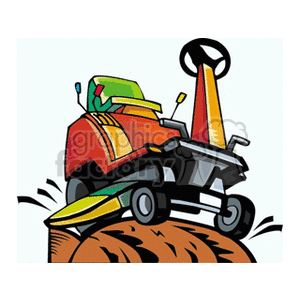This image depicts a stylized, cartoon-like illustration of a small tractor or riding lawn mower. It appears to be situated on a mound of earth or grass, suggesting it is in use on a farm or for mowing a lawn. The tractor/mower is colored primarily in shades of red and green, with the seat highlighted in green and the body in red. A large steering wheel is visible, and the device has prominent, rugged tires that indicate it is designed for use on varied terrain.