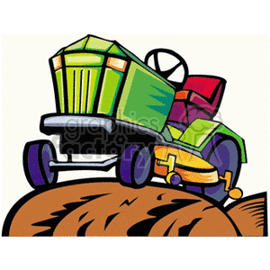   The image shows a colorful cartoon of a green and purple tractor or lawnmower going over a mound of brown, possibly representing soil or a hill. The vehicle is depicted with oversized, stylized wheels and a simplified, playful design that suggests it