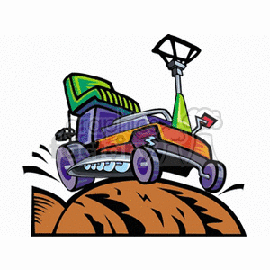 The image shows a stylized and colorful clipart of a lawnmower, which is a piece of equipment commonly used for cutting grass on lawns. It's depicted on top of what appears to be a mound of soil, indicating it might be used in an outdoor setting, which is typically associated with garden maintenance or landscaping.