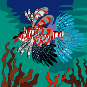 This cartoon shows a picture of a very colorful tropical fish swimming in the ocean. There is seaweed below with the idea of movement