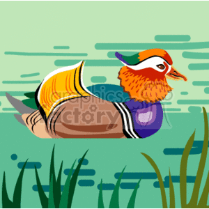 This clipart image shows a lone duck swimming in a lake or pond. The duck is made up of vibrant colors including orange, purple, green, brown and yellow