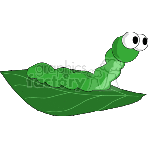 The clipart image shows a cartoon worm or caterpillar sitting on a leaf. It has two large eyes on its head, and appears to be crawling forward