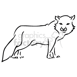 The clipart image depicts a line drawing of a canid animal. It resembles a wolf, based on its physical characteristics such as the shape of the ears, the snout, and the stout body. The image is in a simple black and white outline style, without any shading or color.