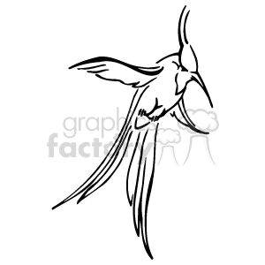The clipart image shows a black and white illustration of a hummingbird flying in the air. It has long tailfeathers, and a long beak, which are distinctive features