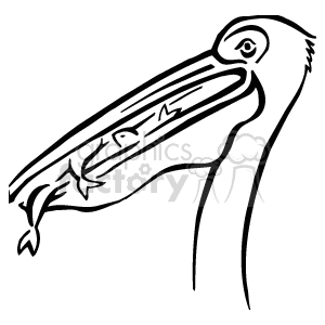 The clipart image depicts a stylized outline of a pelican. This bird is shown with an elongated beak, specifically designed to catch and hold fish, as evidenced by the fish visible in its beak. Pelicans are known for their large throat pouches that allow them to scoop up fish and drain water before swallowing their catch. The image captures this characteristic feature of the pelican in a simplistic line drawing.