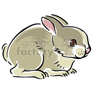 This clipart image depicts a small, grey bunny with hints of brown and pink accents, particularly around its ears and nose. The rabbit is stylized with a simple but cute design, featuring a prominent eye and a slightly turned head, giving it a gentle and friendly appearance.