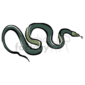 The clipart image depicts a stylized illustration of a snake. The snake has a wavy body, typical of how snakes move. It is predominantly green with lighter underbelly shades, and its tongue is flicking out.