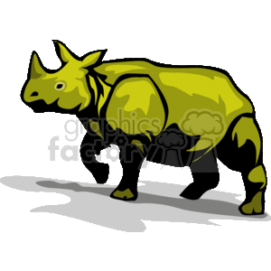 The clipart image shows a side view of a rhinoceros facing to the left. The rhinoceros is gray with a textured body, short legs, and a large horn on its snout.
