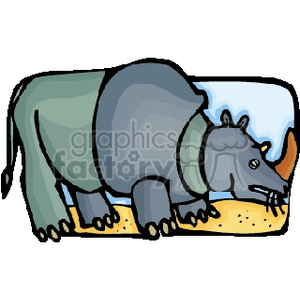 This clipart image features a cartoon representation of a rhinoceros. The rhino is depicted in profile, with a prominent horn on its snout, a large body, short legs, and is shown in a simplistic style with outlines and basic shadings. The background has a suggestion of a natural, possibly African, habitat with a pale blue sky.