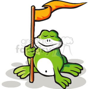 The image depicts a cartoon frog sitting on a lily pad and holding a flag. The frog appears content and has a wide, friendly smile. The flag is orange with a wavy appearance as if fluttering in the breeze. The image is colorful and stylized, typical of a clipart illustration.